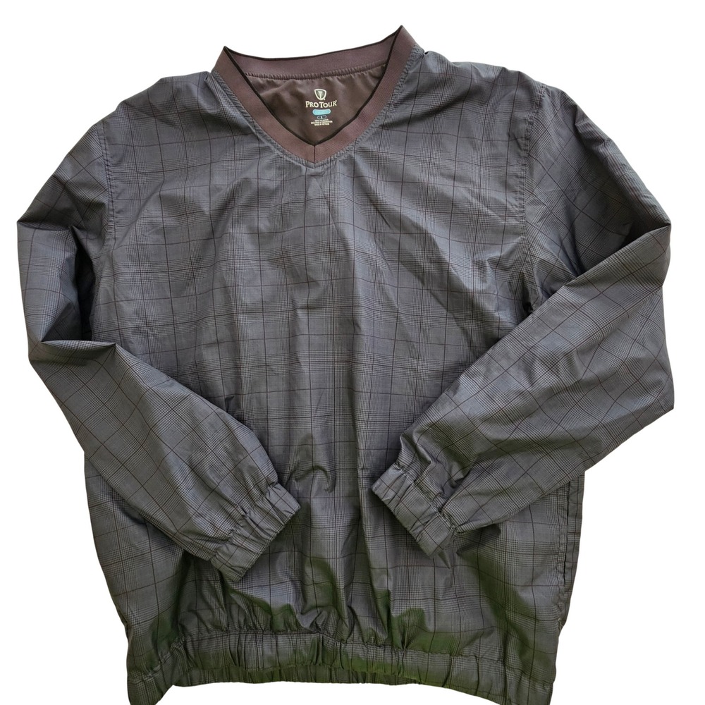 Pro‎ Tour Cool Play Mens Large Grey Plaid V-Neck Golf Windshirt Pullover Jacket